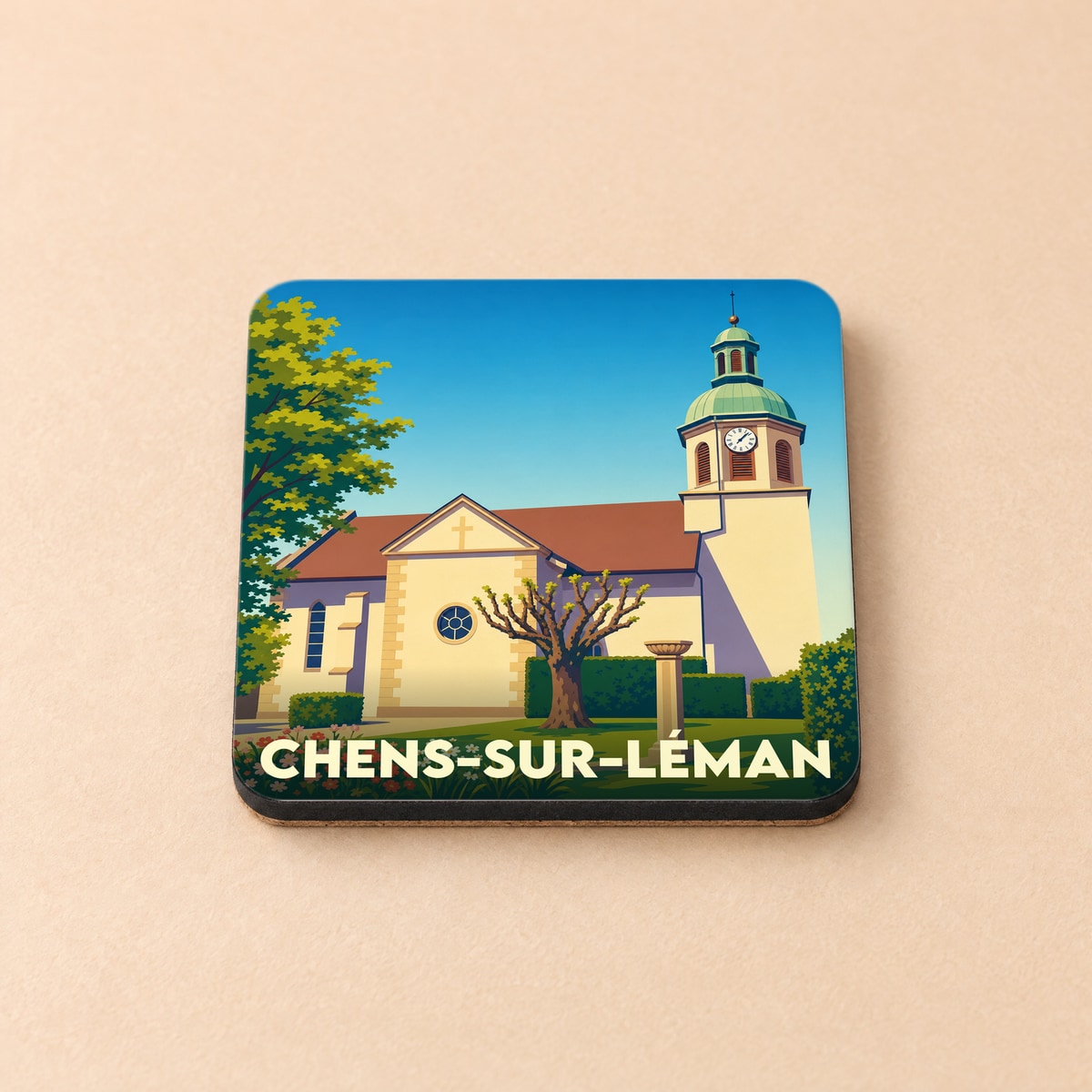 Dessous de verre souvenir de la ville de Chens-sur-Léman avec une illustration stylisée de son église.