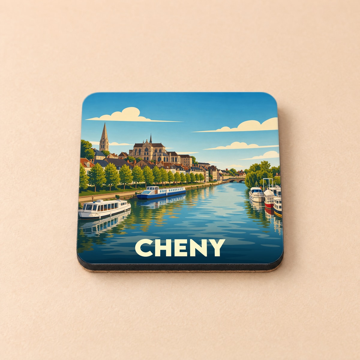 Dessous de verre souvenir de la ville de Cheny avec une illustration stylisée d'un paysage fluvial.