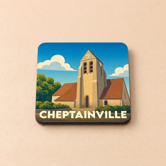 Dessous de verre souvenir de la ville de Cheptainville avec une illustration stylisée de son église.
