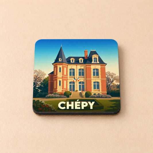 Dessous de verre souvenir de la ville de Chépy avec une illustration stylisée d'une demeure bourgeoise.