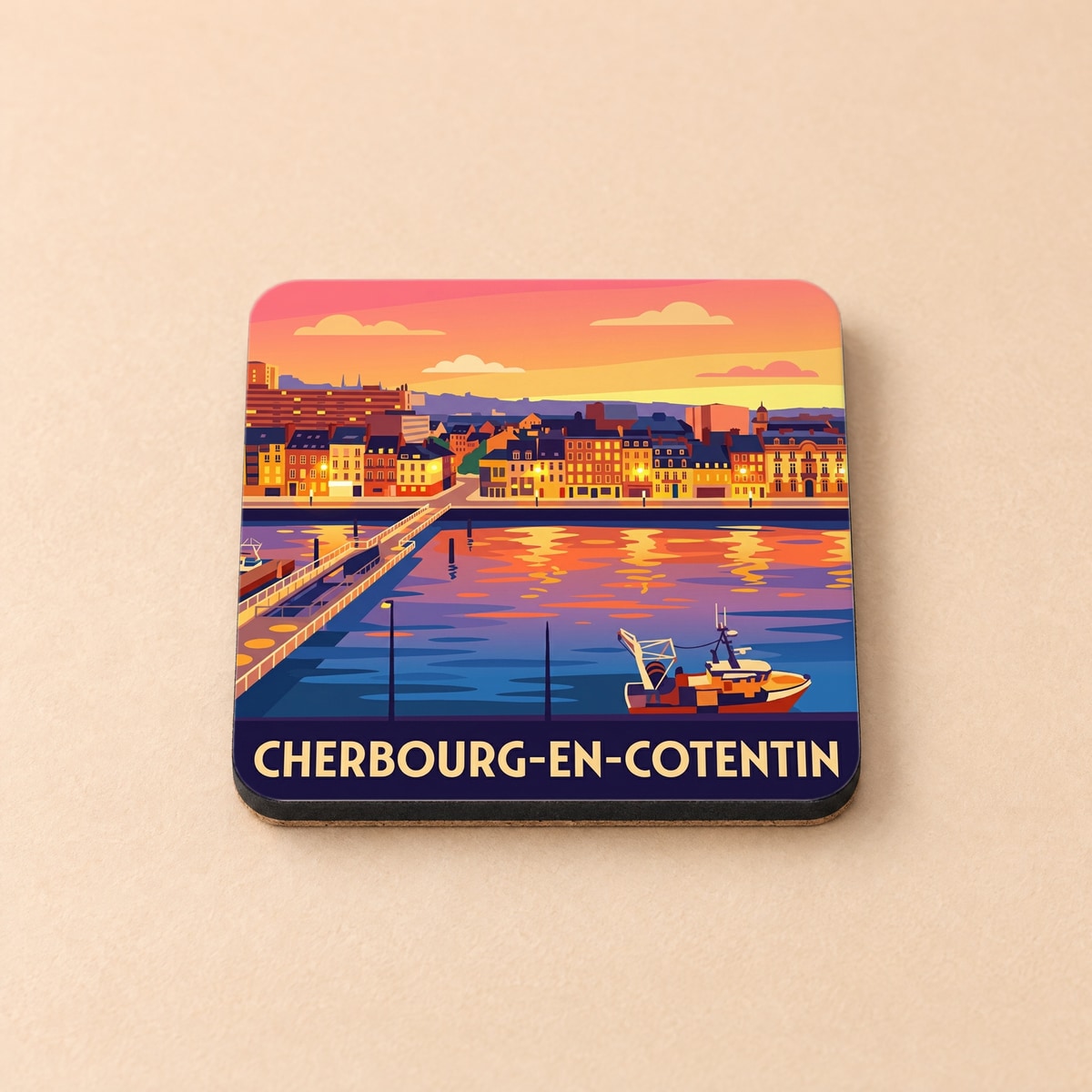 Dessous de verre souvenir de la ville de Cherbourg-en-Cotentin avec une illustration stylisée du port au coucher du soleil.