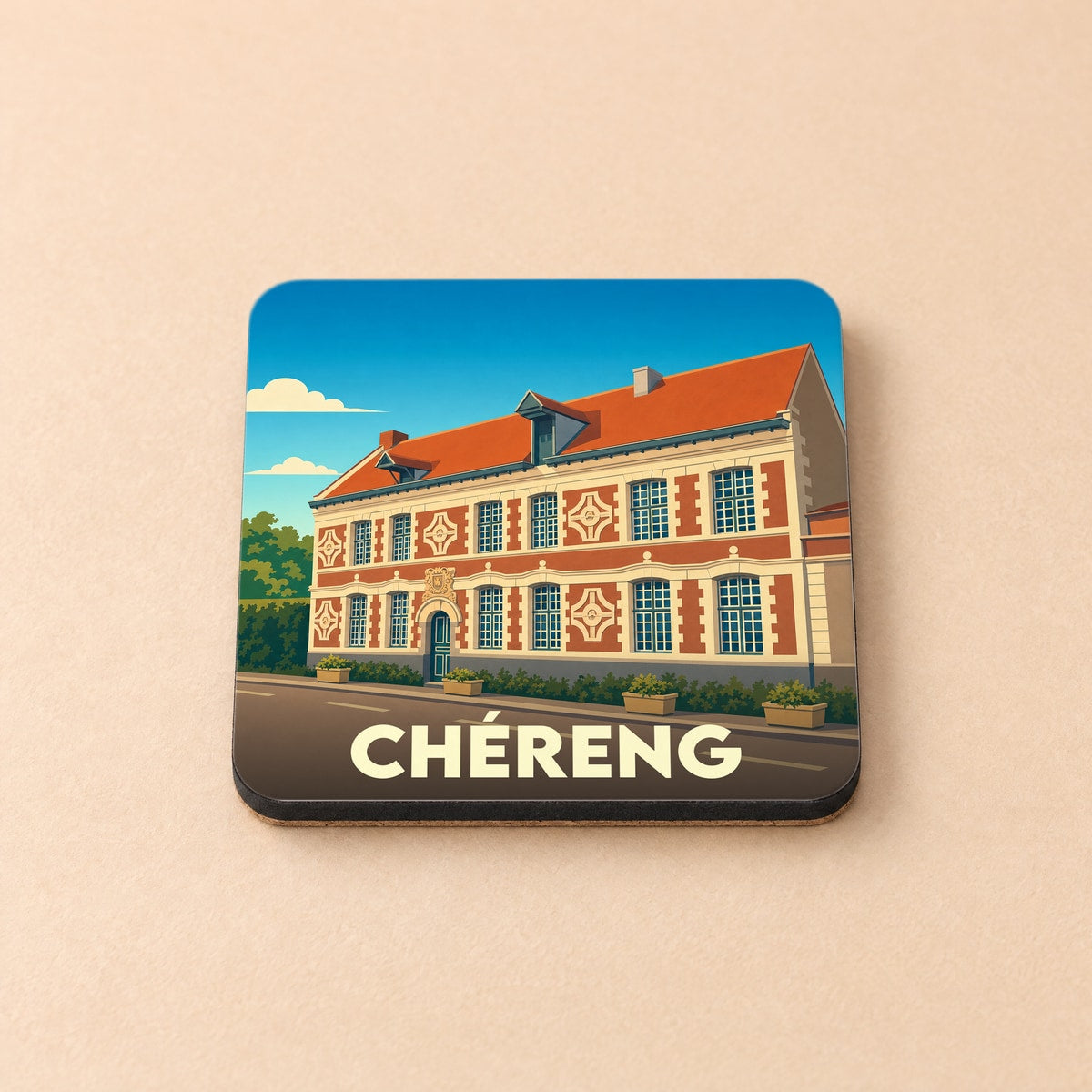 Dessous de verre souvenir de la ville de Chéreng avec une illustration stylisée de son architecture.