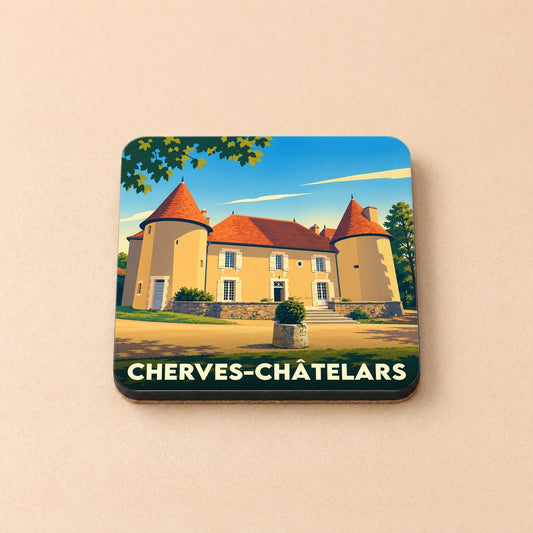 Dessous de verre souvenir de la ville de Cherves-Châtelars avec une illustration stylisée de son château.