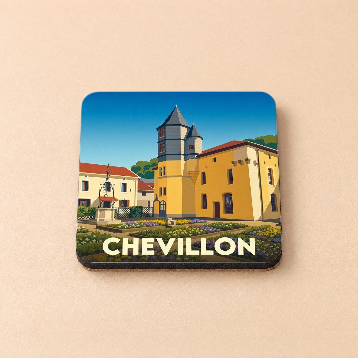 Dessous de verre souvenir de la ville de Chevillon avec une illustration stylisée de son architecture.