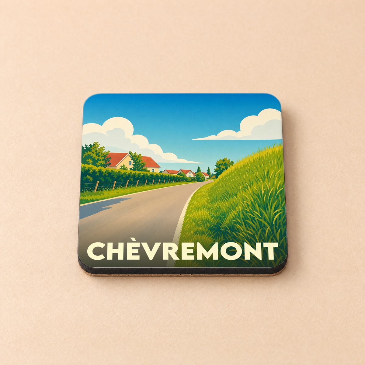 Dessous de verre souvenir de la ville de Chèvremont avec une illustration champêtre stylisée.