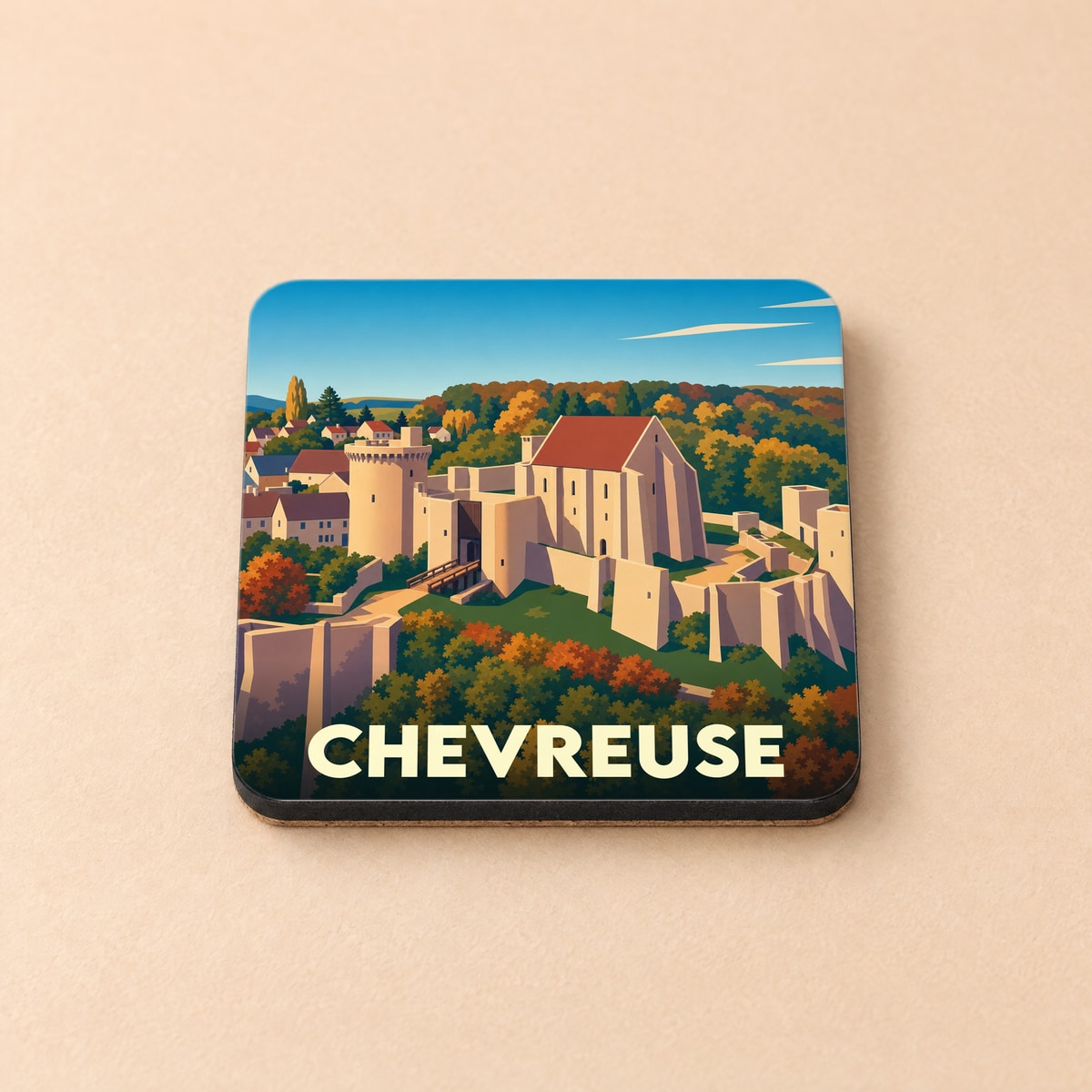 Dessous de verre souvenir de la ville de Chevreuse orné d'une illustration stylisée de son château médiéval.