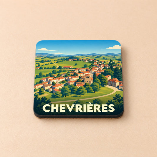Dessous de verre souvenir de la ville de Chevrières avec une illustration stylisée de son paysage vallonné.