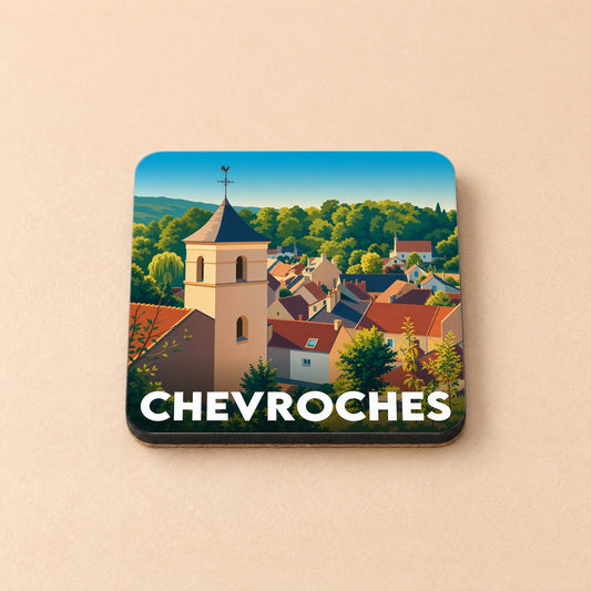 Dessous de verre souvenir de la ville de Chevroches avec une illustration stylisée.