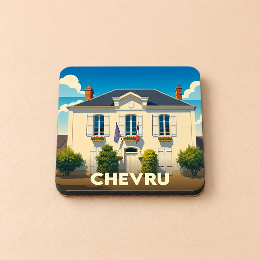 Dessous de verre souvenir de la ville de Chevru avec une illustration stylisée de la mairie.