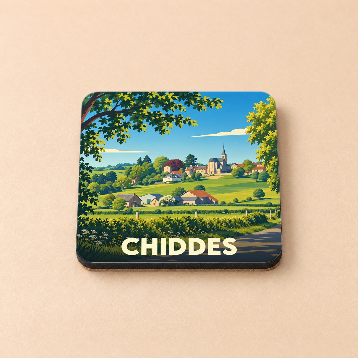 Dessous de verre souvenir de la ville de Chiddes avec une illustration stylisée d'un paysage rural.