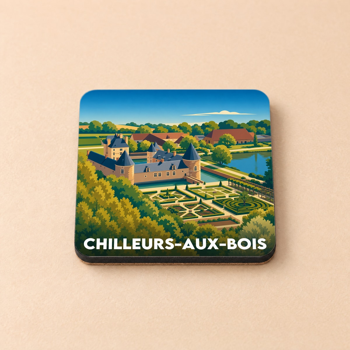 Dessous de verre souvenir de la ville de Chilleurs-aux-Bois avec une illustration stylisée du château de Chamerolles.