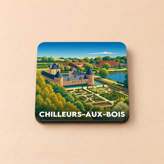 Dessous de verre souvenir de la ville de Chilleurs-aux-Bois avec une illustration stylisée du château de Chamerolles.