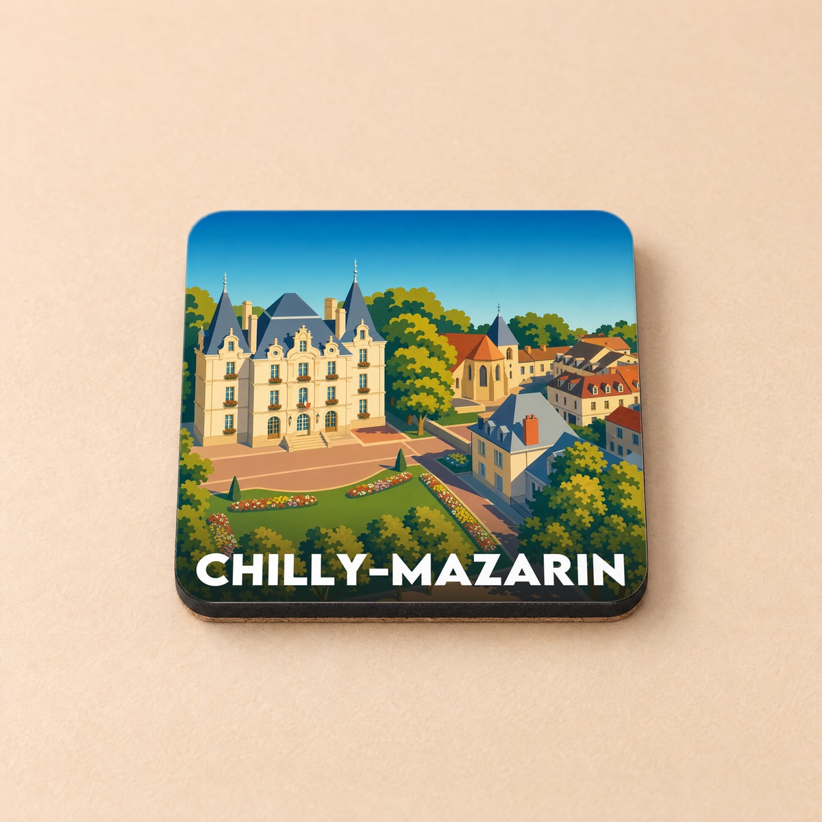 Dessous de verre souvenir de la ville de Chilly-Mazarin avec une illustration stylisée de son patrimoine architectural.