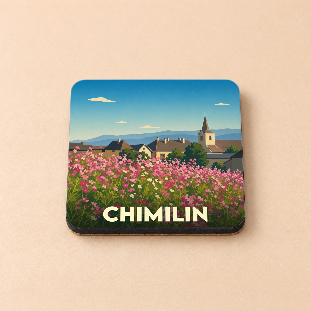 Dessous de verre souvenir de la ville de Chimilin avec une illustration stylisée d'un paysage fleuri et son clocher.