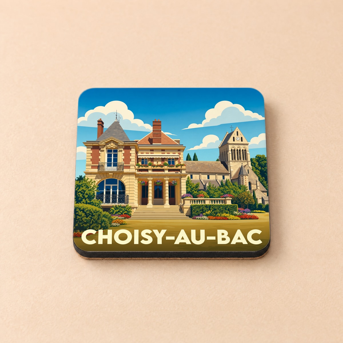 Dessous de verre souvenir de la ville de Choisy-au-Bac avec une illustration stylisée.