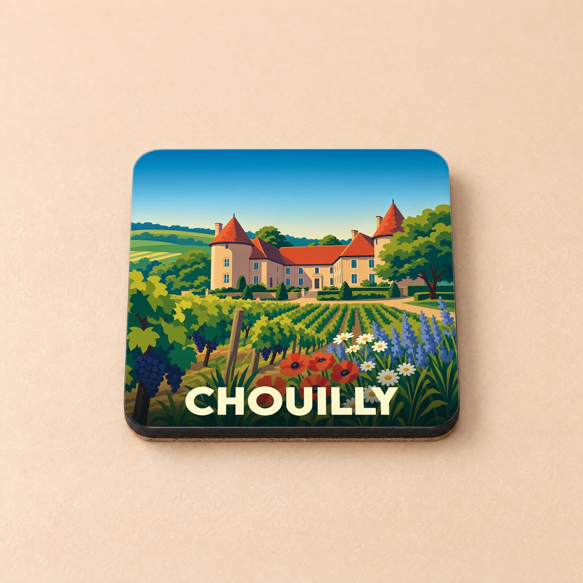 Dessous de verre souvenir de la ville de Chouilly avec une illustration stylisée d'un domaine viticole.