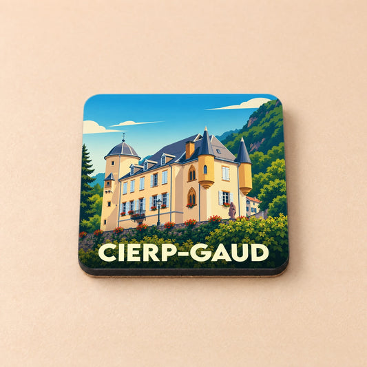 Dessous de verre souvenir de la ville de Cierp-Gaud avec une illustration stylisée d'un château.
