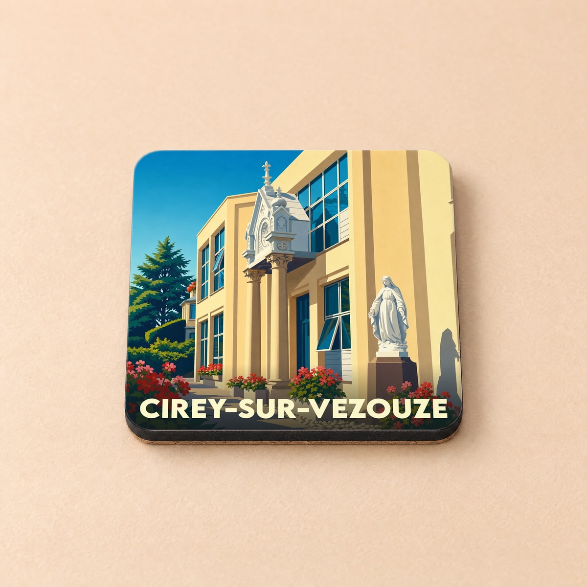 Dessous de verre souvenir de la ville de Cirey-sur-Vezouze avec une illustration stylisée.