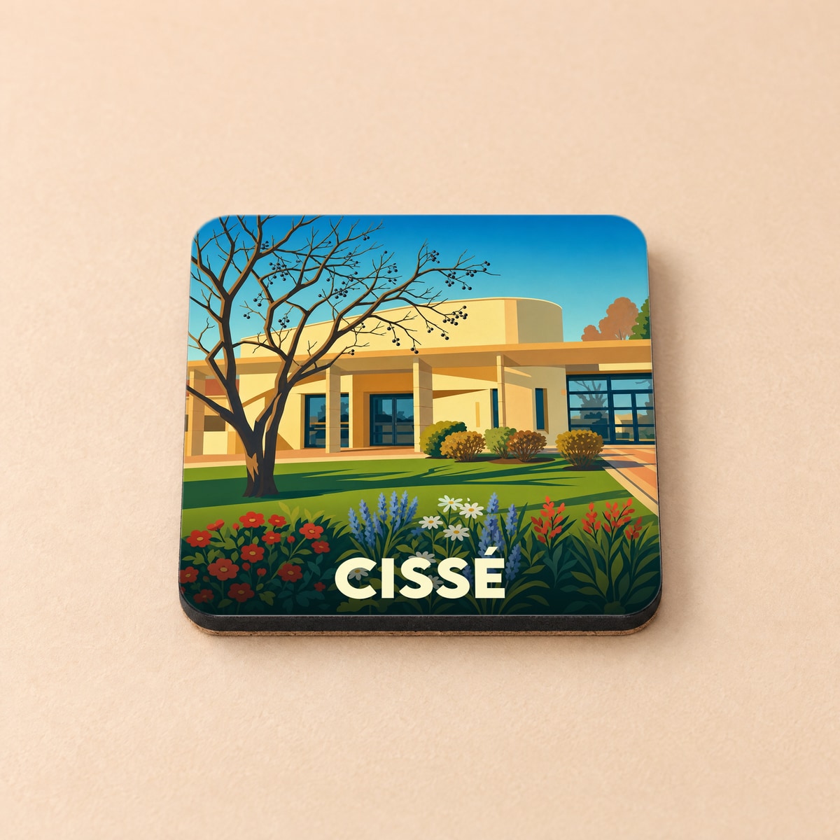 Dessous de verre souvenir de la ville de Cissé avec une illustration stylisée d'un bâtiment moderne et fleuri.