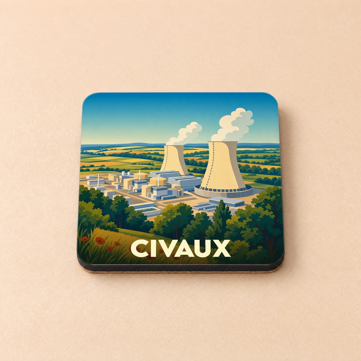 Dessous de verre souvenir de la ville de Civaux illustré d'une vue stylisée de sa centrale nucléaire dans un paysage verdoyant.