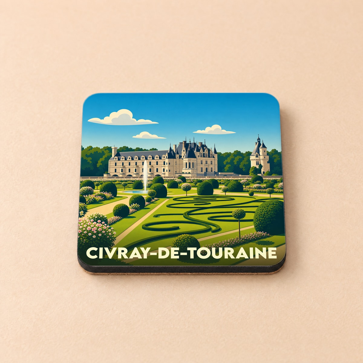 Dessous de verre souvenir de la ville de Civray-de-Touraine avec une illustration stylisée de son château et de ses jardins.
