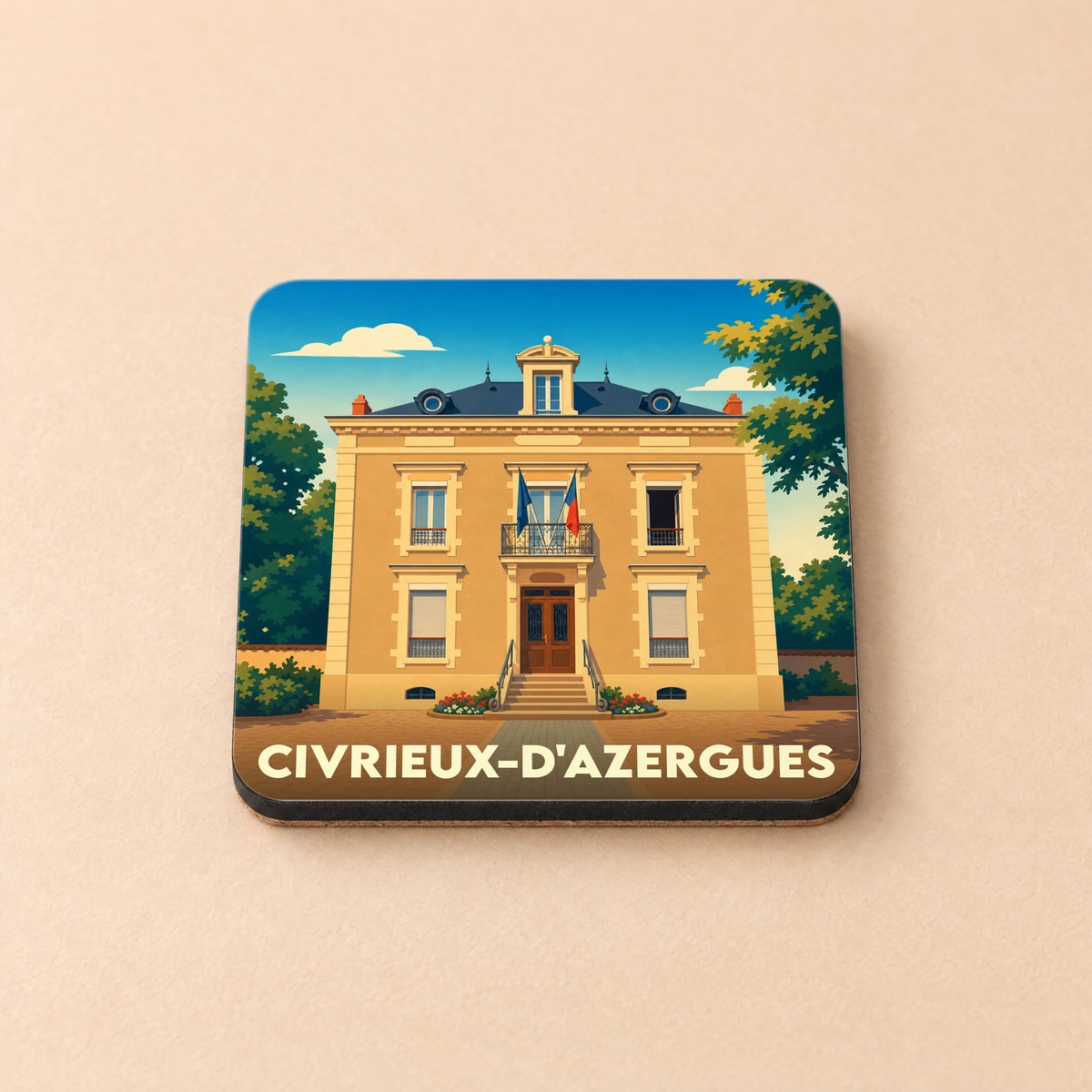 Dessous de verre souvenir de la ville de Civrieux-d'Azergues illustré d'un dessin stylisé de sa mairie.