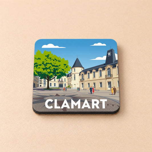 Dessous de verre souvenir de la ville de Clamart avec une illustration stylisée de l'hôtel de ville.