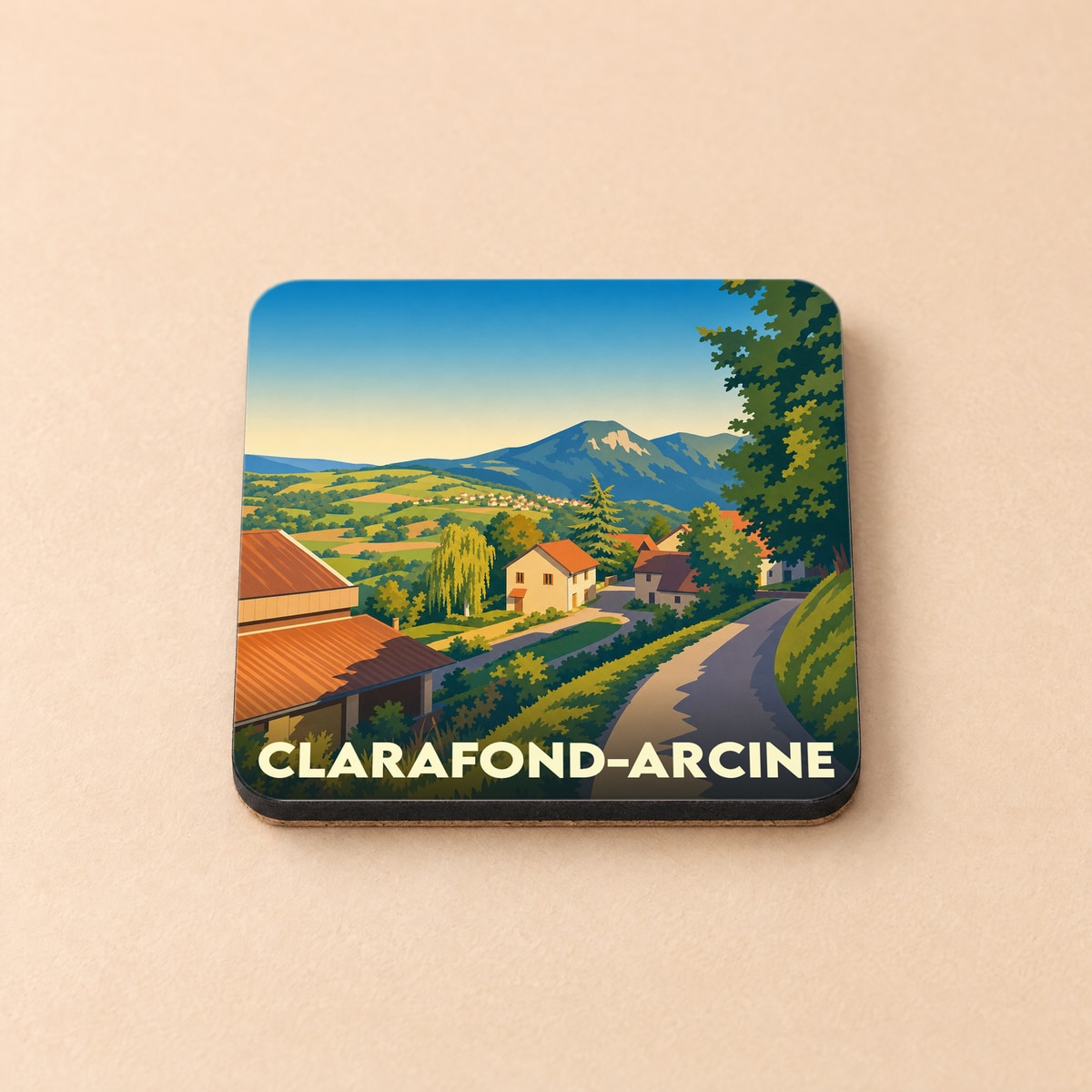 Dessous de verre souvenir de la ville de Clarafond-Arcine illustré d'un paysage de montagne stylisé.