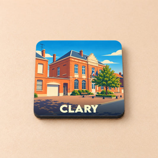 Dessous de verre souvenir de la ville de Clary avec une illustration stylisée de sa mairie.