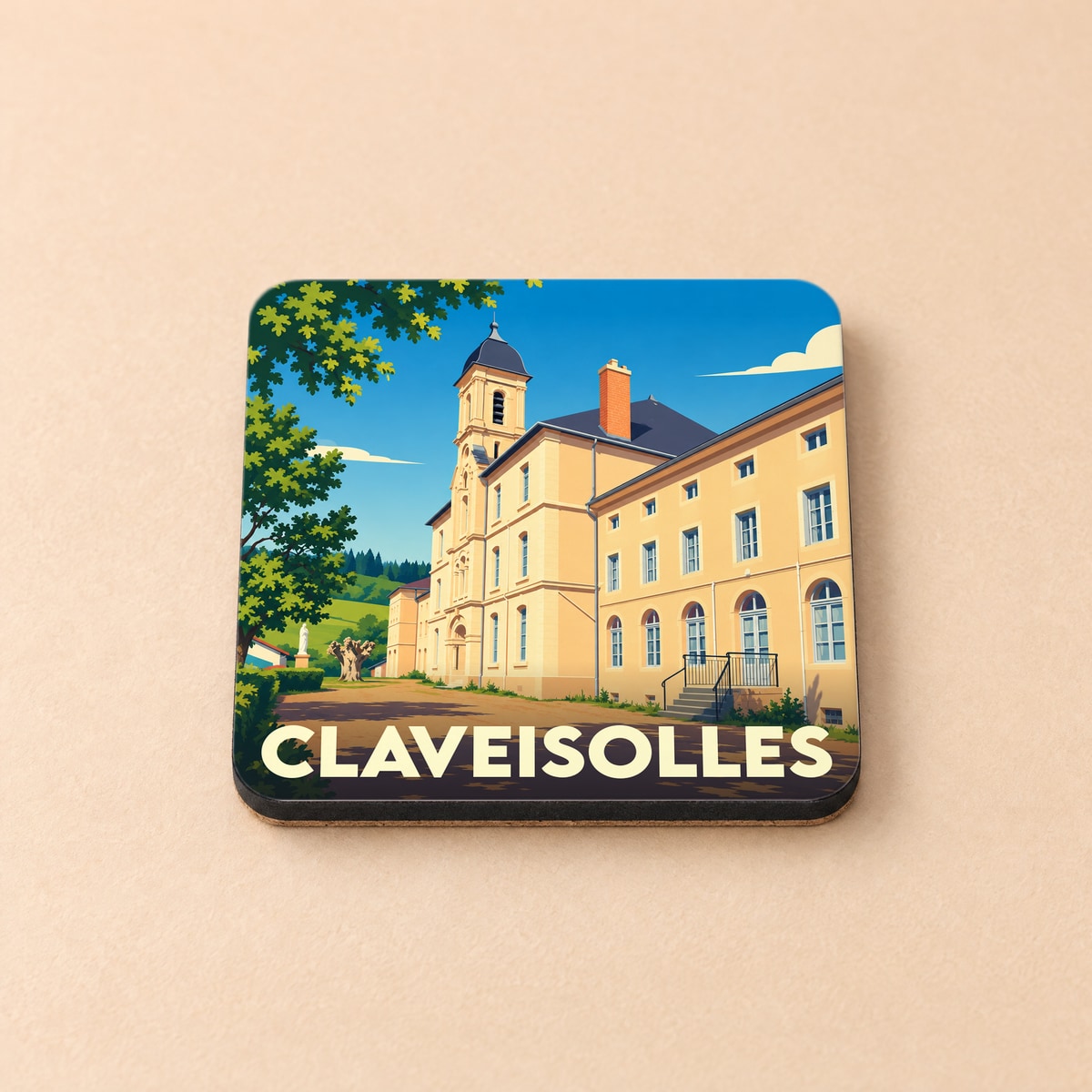 Dessous de verre souvenir de la ville de Claveisolles avec une illustration stylisée de son patrimoine architectural.