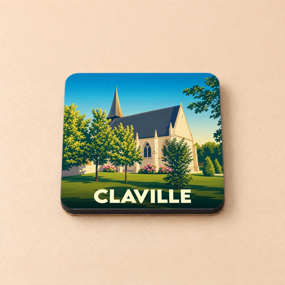 Dessous de verre souvenir de la ville de Claville illustrant son église dans un style épuré.