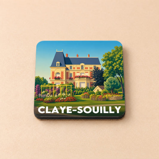 Dessous de verre souvenir de la ville de Claye-Souilly avec une illustration stylisée d'une grande demeure et son jardin fleuri.