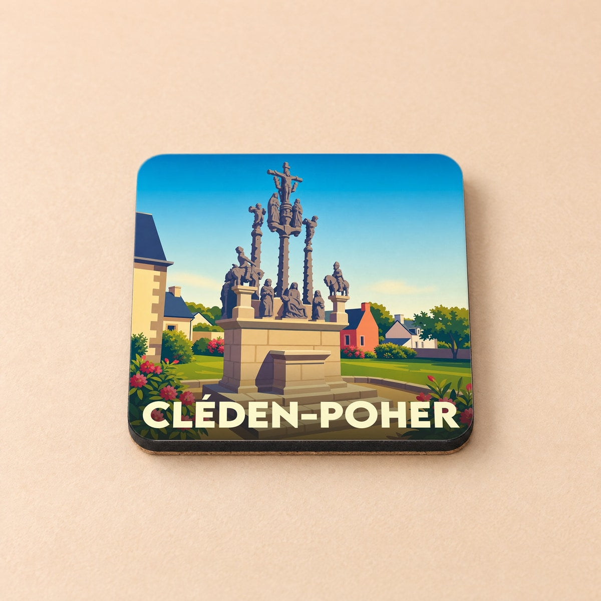 Dessous de verre souvenir de la ville de Cléden-Poher avec une illustration stylisée de son calvaire.