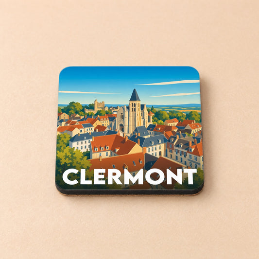 Dessous de verre souvenir de la ville de Clermont avec une illustration stylisée.