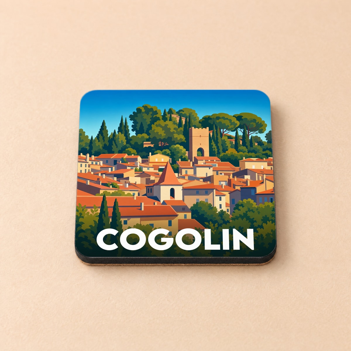 Dessous de verre souvenir de la ville de Cogolin avec une illustration stylisée d'un village provençal.