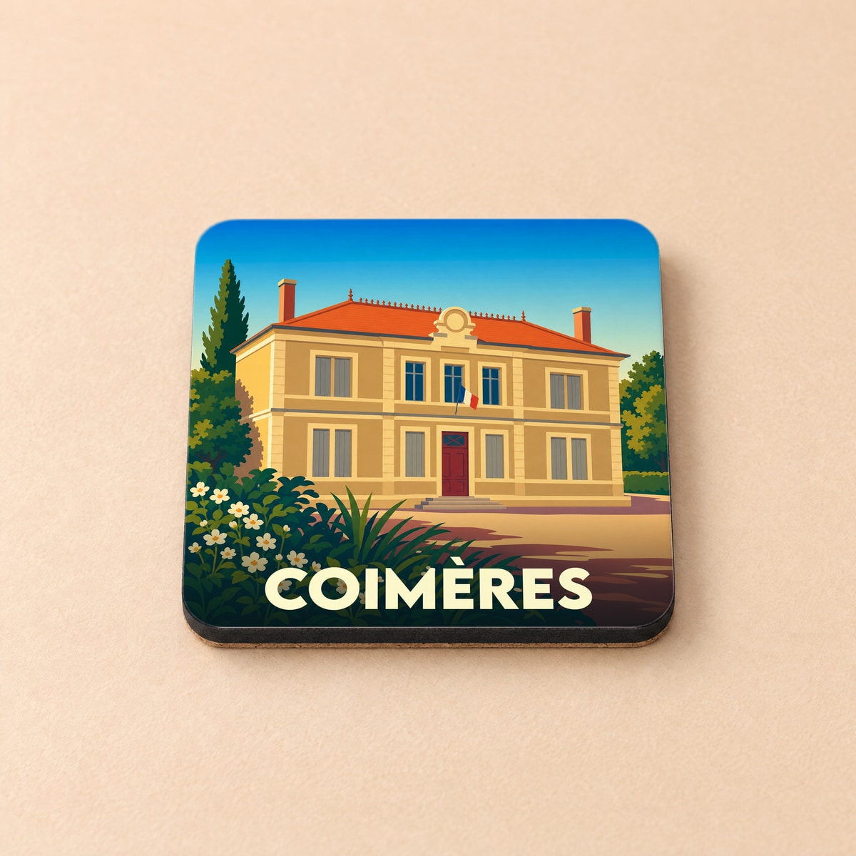 Dessous de verre souvenir de la ville de Coimères avec une illustration stylisée de sa mairie.