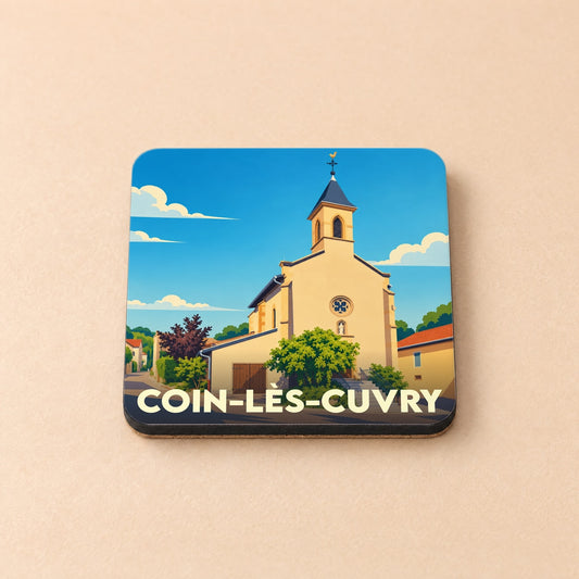 Dessous de verre souvenir de la ville de Coin-lès-Cuvry avec une illustration stylisée de son église.