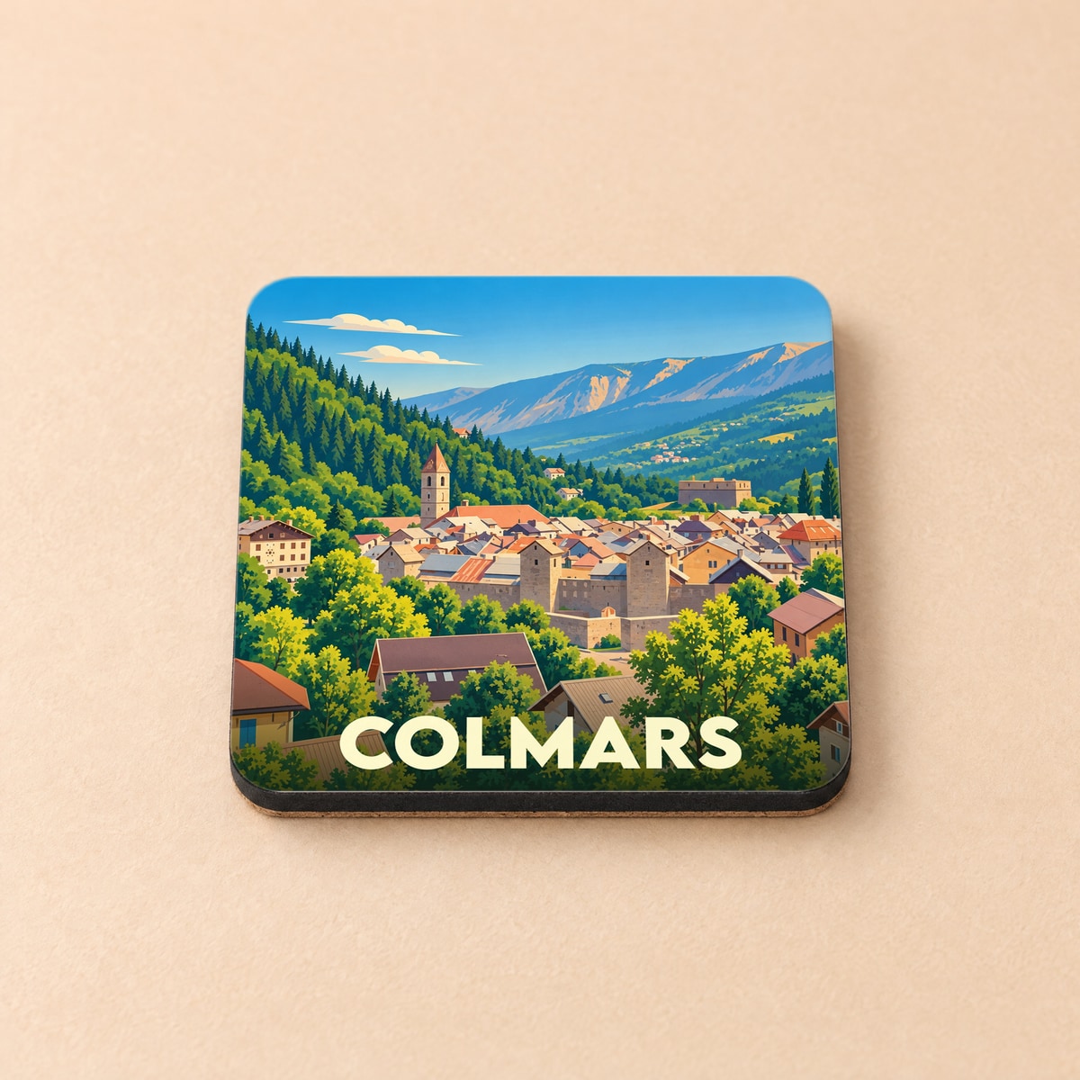 Dessous de verre souvenir de la ville de Colmars avec une illustration stylisée d'un paysage montagneux.