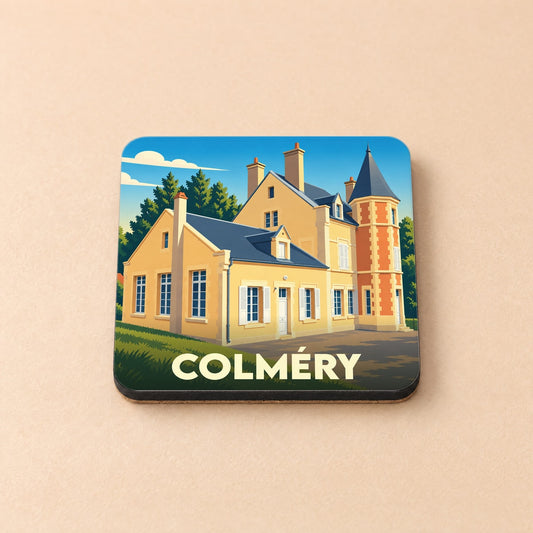 Dessous de verre souvenir de la ville de Colméry avec une illustration stylisée de son architecture.