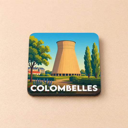 Dessous de verre souvenir de la ville de Colombelles avec une illustration stylisée d'un château d'eau historique.