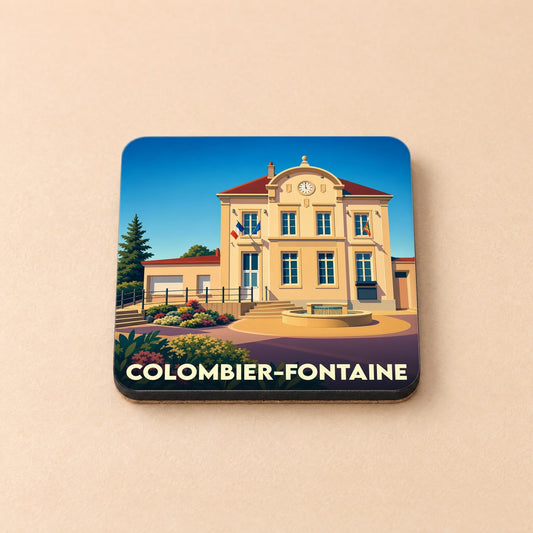 Dessous de verre souvenir de la ville de Colombier-Fontaine avec une illustration stylisée de la mairie.