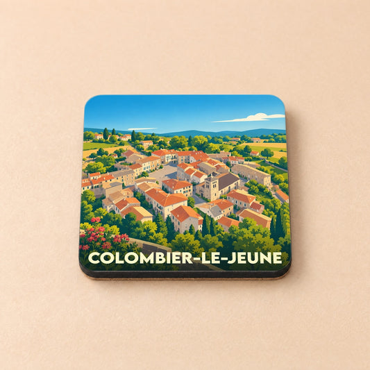 Dessous de verre souvenir de la ville de Colombier-le-Jeune avec une illustration stylisée du village.