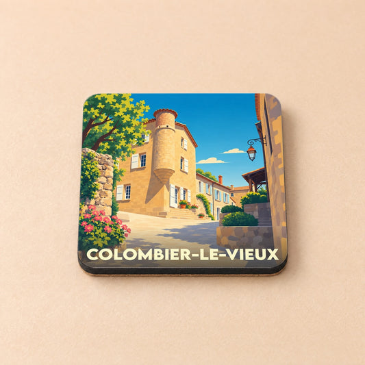 Dessous de verre souvenir de la ville de Colombier-le-Vieux avec une illustration stylisée.