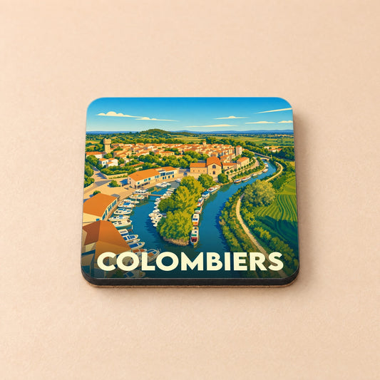 Dessous de verre souvenir de la ville de Colombiers avec une illustration stylisée d'un port fluvial.