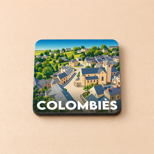 Dessous de verre souvenir de la ville de Colombiès avec une illustration stylisée.