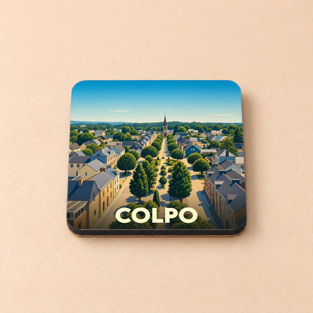 Dessous de verre souvenir de la ville de Colpo avec une illustration stylisée d'une avenue arborée menant à une église.
