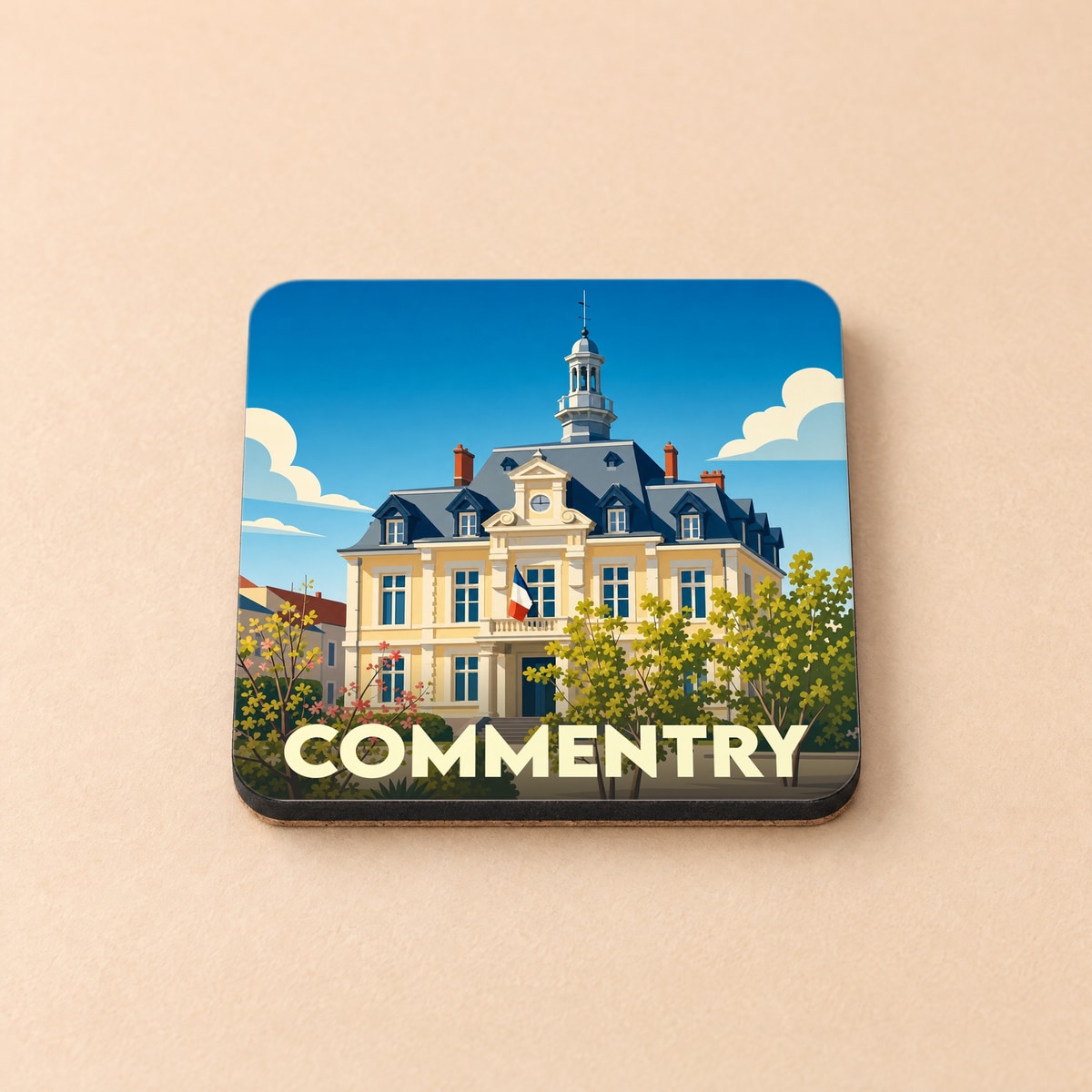 Dessous de verre souvenir de la ville de Commentry avec une illustration stylisée de l'hôtel de ville.