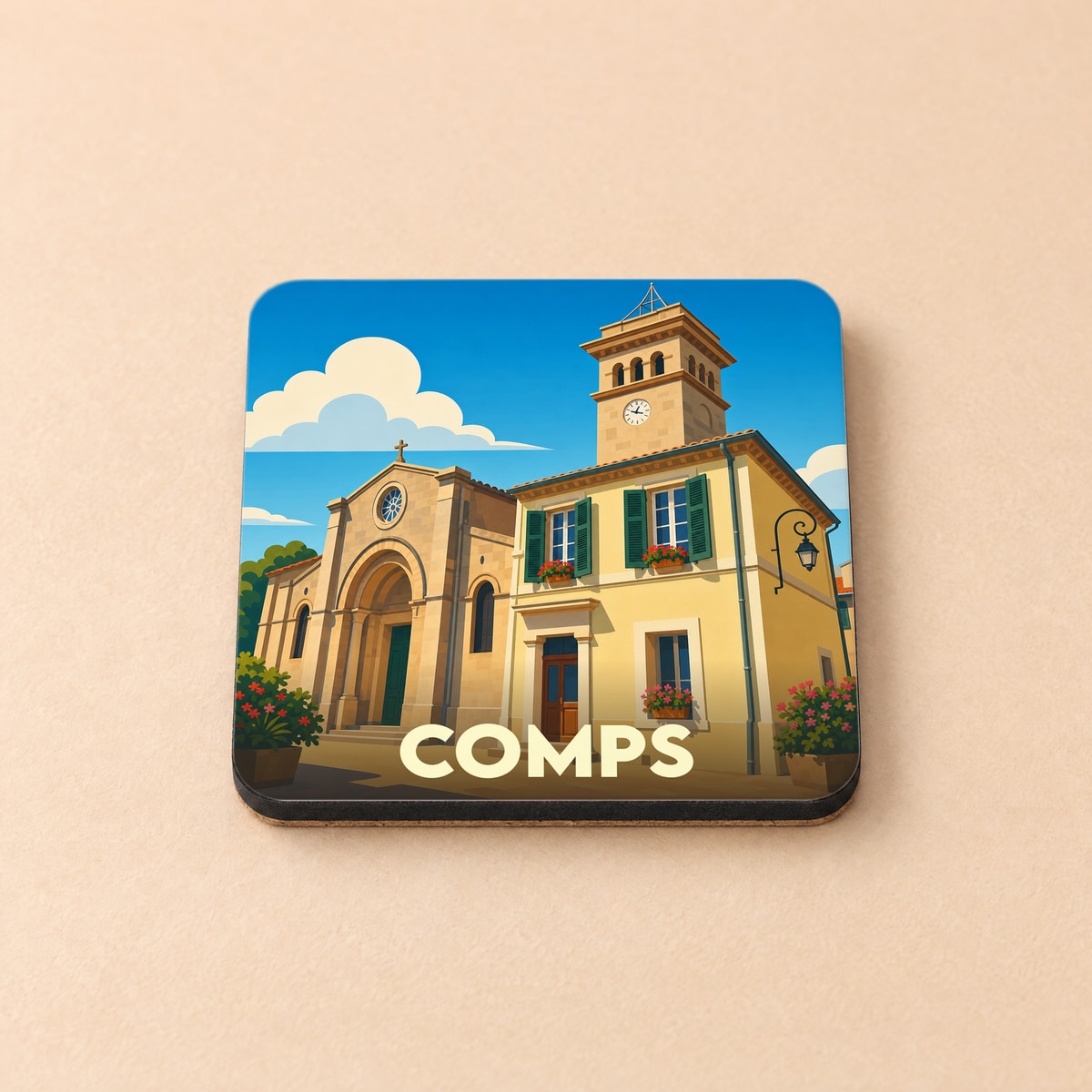 Dessous de verre souvenir de la ville de Comps avec une illustration stylisée de son église et de son hôtel de ville.