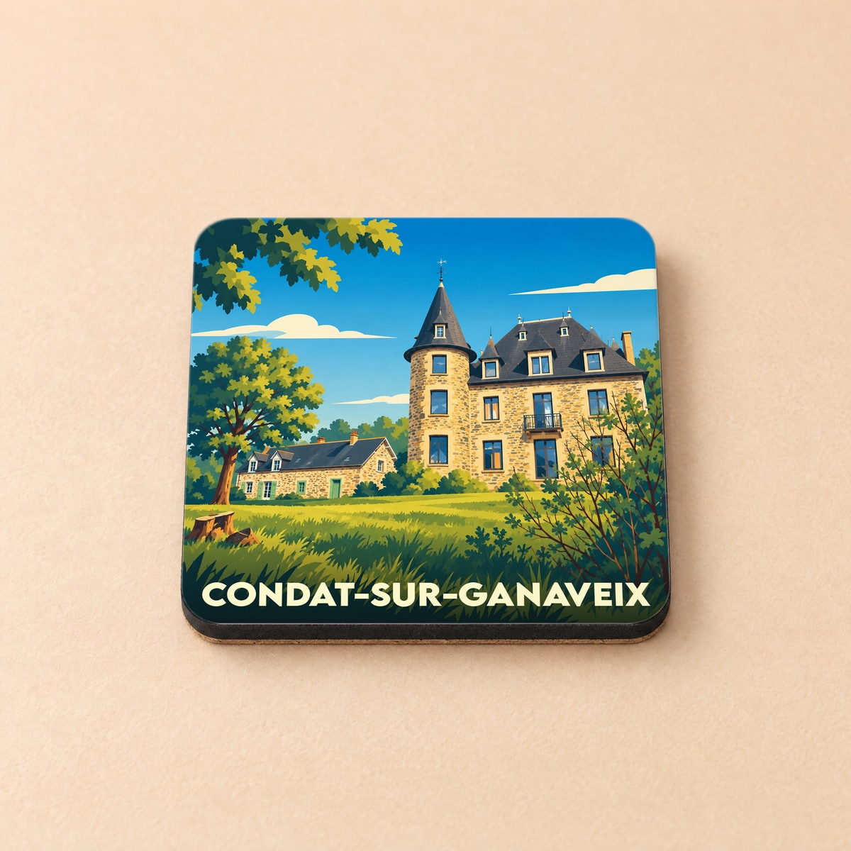 Dessous de verre souvenir de la ville de Condat-sur-Ganaveix avec une illustration stylisée.