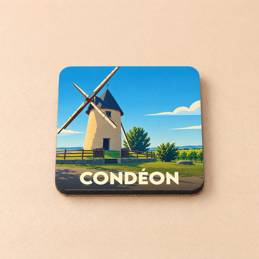 Dessous de verre souvenir de la ville de Condéon avec une illustration stylisée d'un moulin à vent.